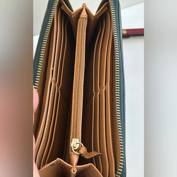 Vintage Fossil Dark Green Leather Zip Around Continental Wallet Wristlet - Picture 7 of 9